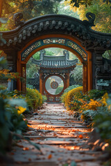 Poster 3D Mondtor im chinesischen Garten  © Natalia