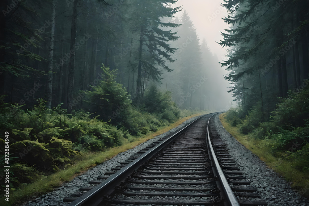 Fototapeta premium Railway tracks going deep into misty forest. Magic AI generated landscape. Digital illustration. CG Artwork Background