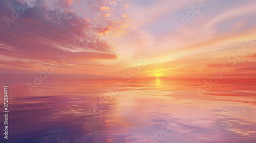 Illustrate an oil painting of a tranquil sunset over a calm lake, with the sky painted in warm hues of orange, pink, and purple, reflecting on the water's surface.
