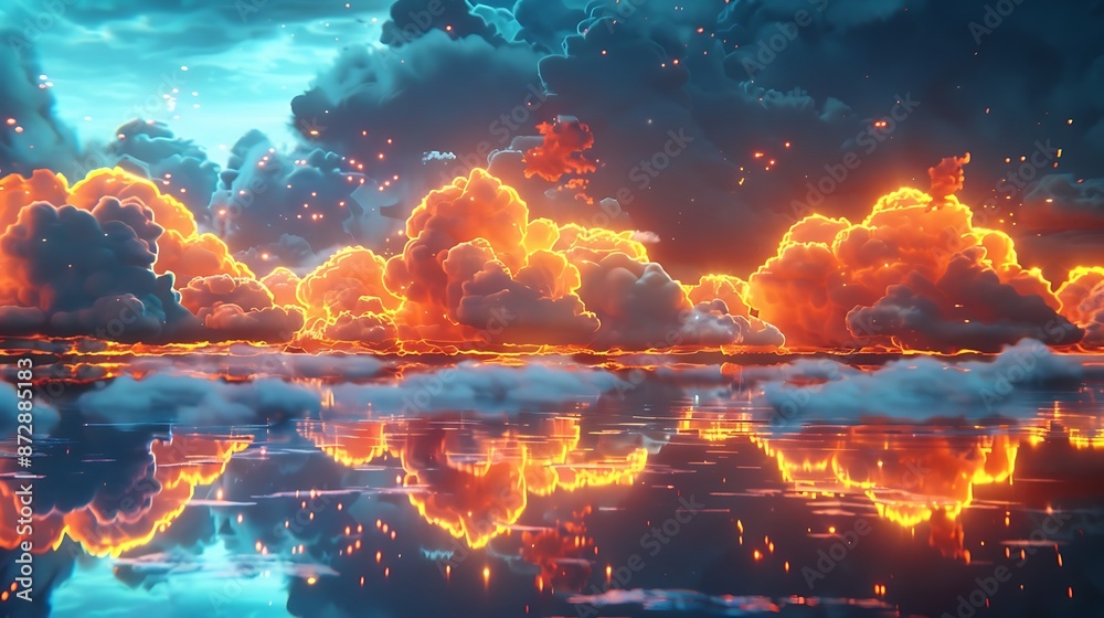 Obraz premium A surreal dreamscape of neon-lit clouds floating above a shimmering sea of liquid gold, casting reflections that ripple and dance across the wet pavement.
