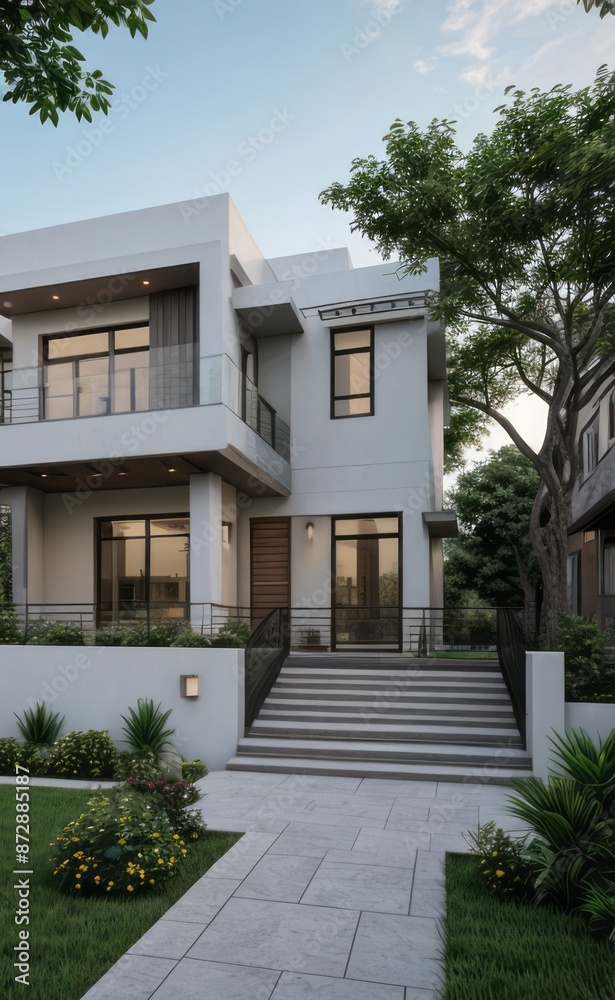 Fototapeta premium A Contemporary Dwelling with Stylish Architecture, Beautiful Exterior Design, and a Serene Garden Setting. Perfect Family Home in a Residential Neighborhood, Featuring Thoughtful Construction