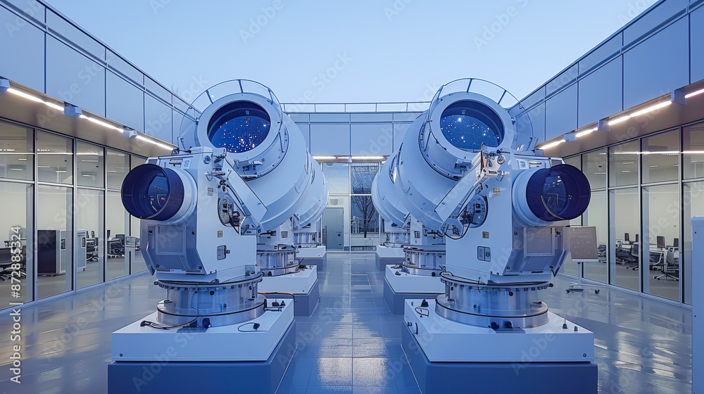 Four telescopes standing in modern observatory room Four telescopes standing in modern observatory room