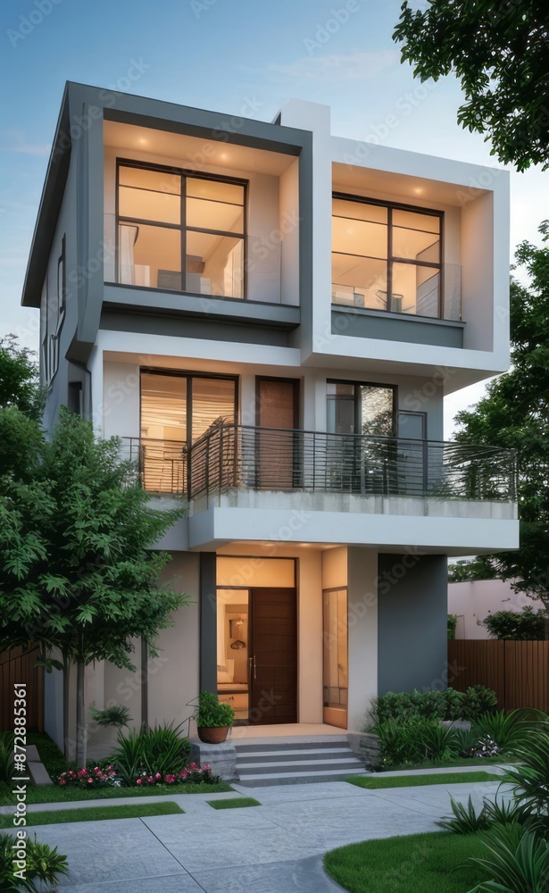 Fototapeta premium A Contemporary Dwelling with Stylish Architecture, Beautiful Exterior Design, and a Serene Garden Setting. Perfect Family Home in a Residential Neighborhood, Featuring Thoughtful Construction