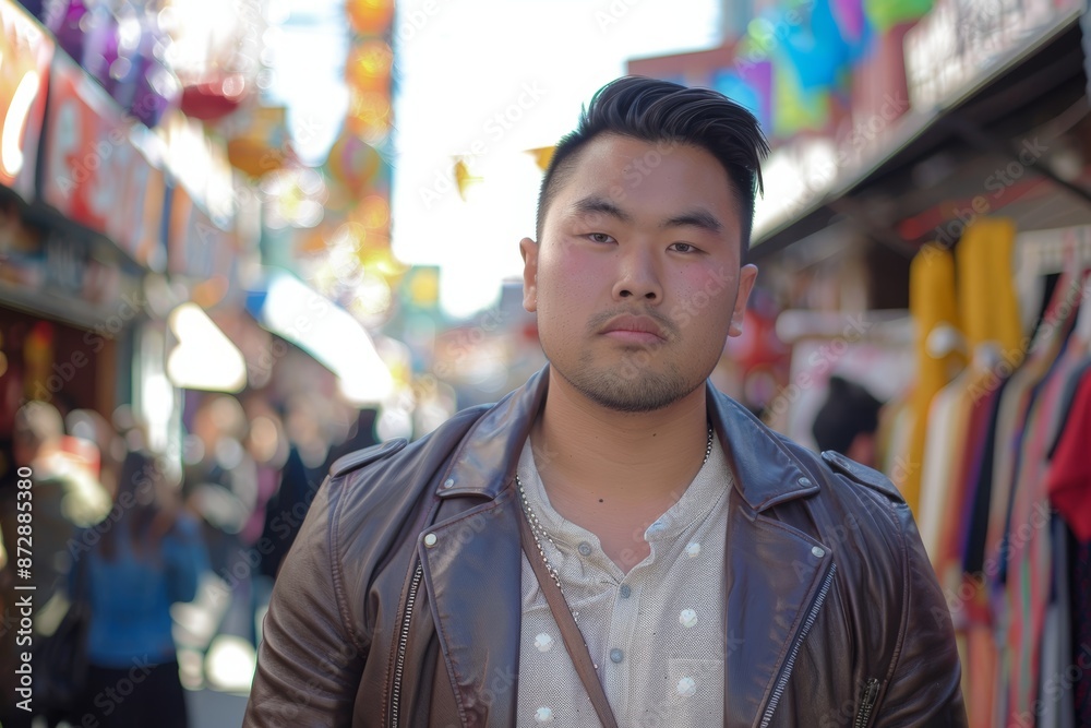 Fototapeta premium Portrait of a content asian man in his 20s sporting a stylish leather blazer in front of vibrant market street background