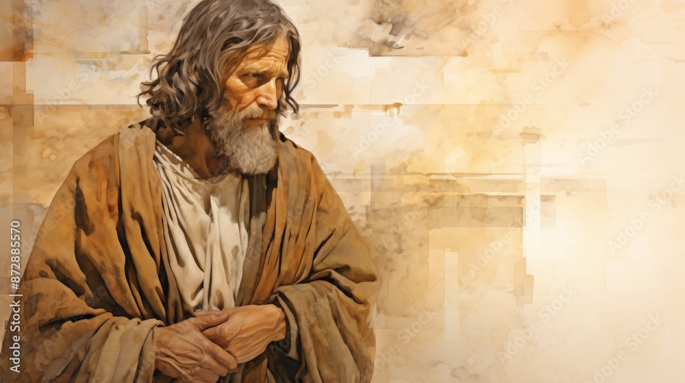 Fototapeta premium The painting of St. Benedict Joseph Labre in Rome, Moment of Reflection, Biblical Illustration, Beige Background, Copyspace,Christian banner