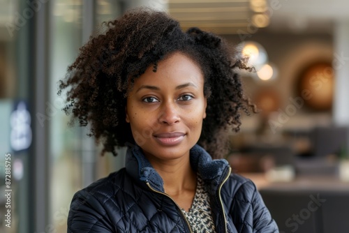 Portrait of a content afro-american woman in her 30s sporting a quilted insulated jacket in sophisticated corporate office background © CogniLens