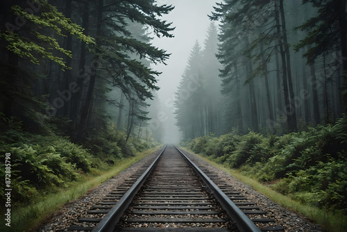 Railway tracks going deep into misty forest. Magic AI generated landscape. Digital illustration. CG Artwork Background