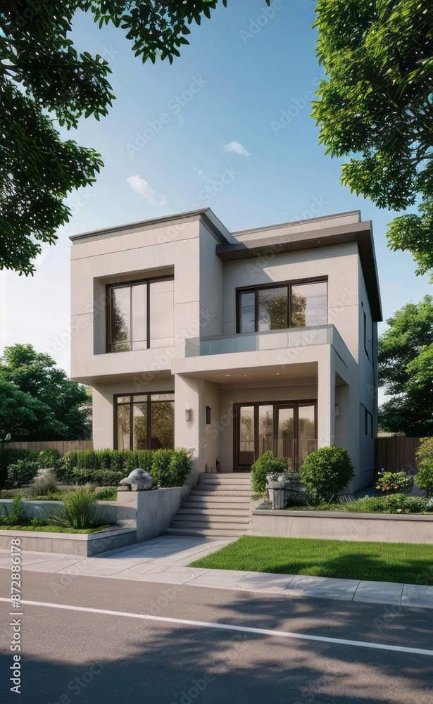 Fototapeta premium A Contemporary Dwelling with Stylish Architecture, Beautiful Exterior Design, and a Serene Garden Setting. Perfect Family Home in a Residential Neighborhood, Featuring Thoughtful Construction