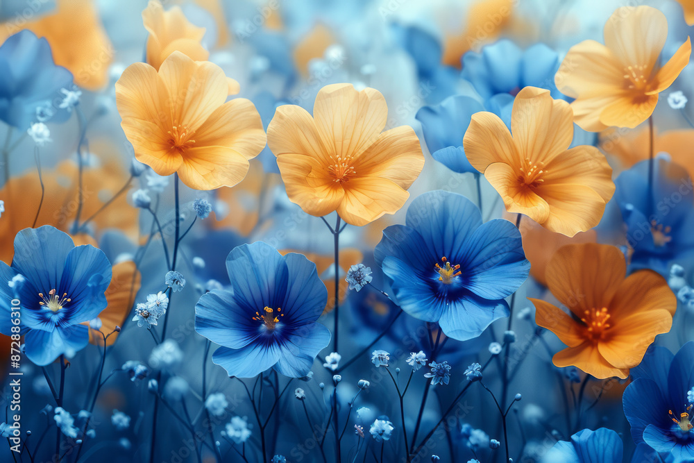 Macro view of splashes of yellow and blue watercolor forming floral patterns, with clear space for copy, Macro view of splashes of yellow and blue watercolor forming floral patterns, with clear space for copy,