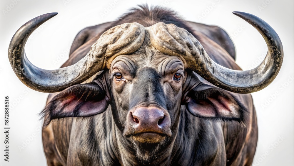 Naklejka premium A majestic, powerful African buffalo with thick, dark coat and impressive horns stands confidently on a pristine white background.