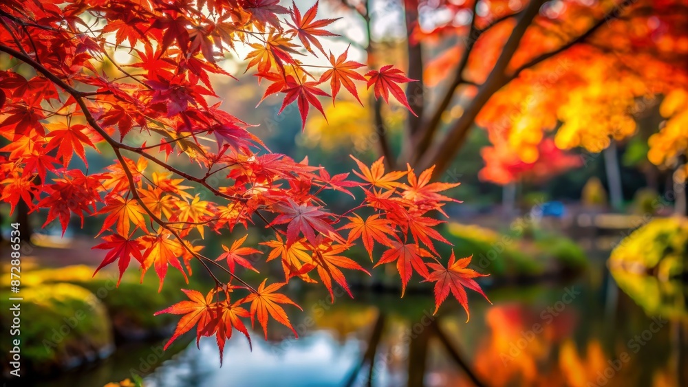 Vibrant red autumn leaves of a delicate maple tree against a natural blurred background in a serene Japanese garden setting. Vibrant red autumn leaves of a delicate maple tree against a natural blurred background in a serene Japanese garden setting.
