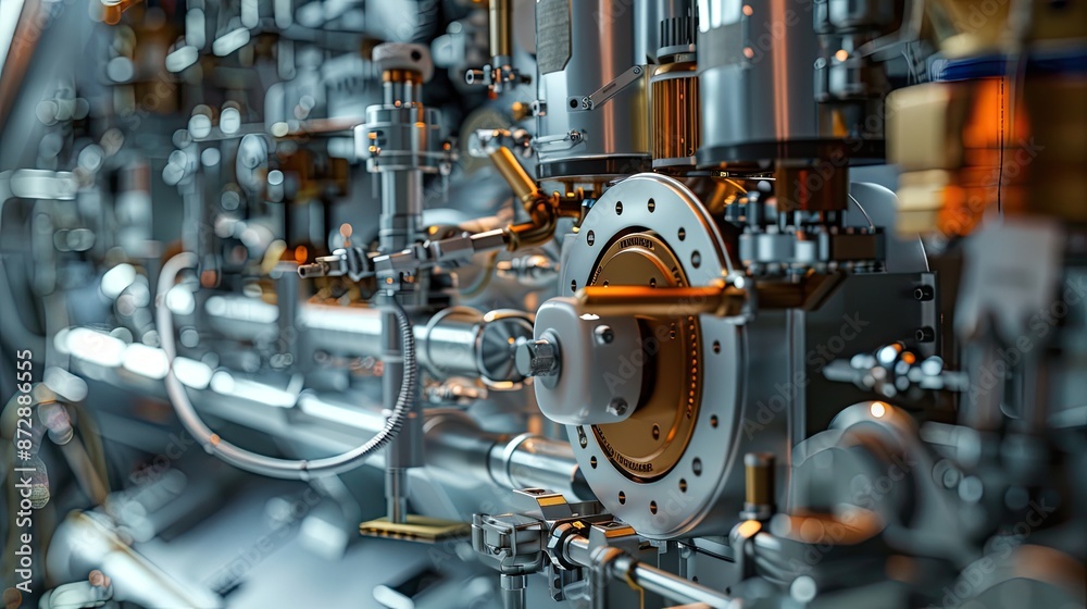 Close-Up of Complex Industrial Machinery with Shiny Metal Components and Intricate Engineering Details Close-Up of Complex Industrial Machinery with Shiny Metal Components and Intricate Engineering Details