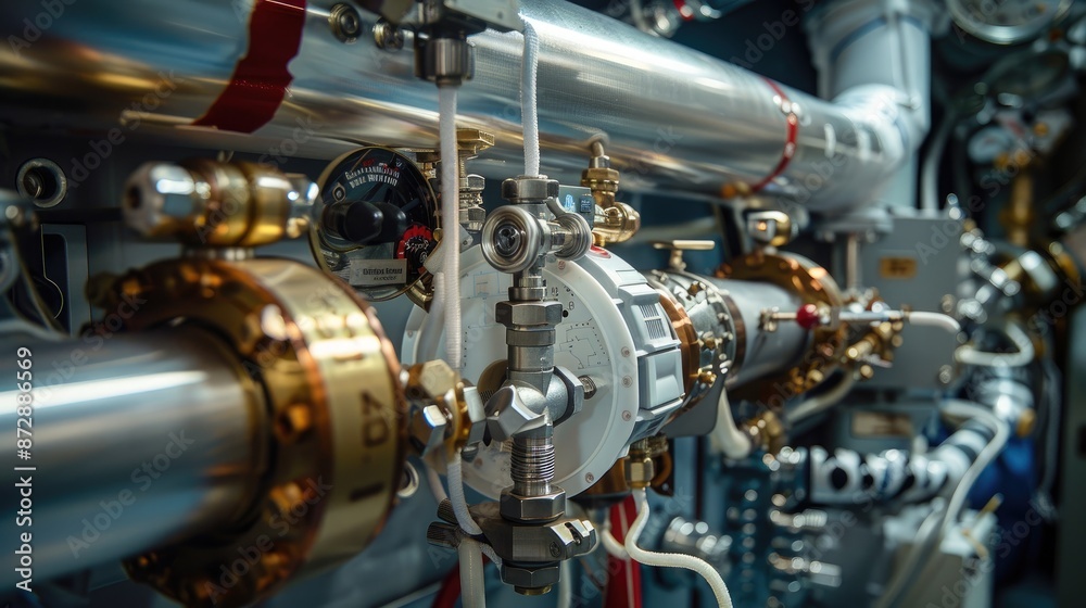 Detailed Close-Up of Industrial Machinery with Metal Pipes and Valves in a Modern Factory Setting Detailed Close-Up of Industrial Machinery with Metal Pipes and Valves in a Modern Factory Setting