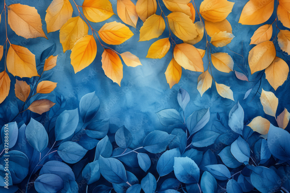 Detailed view of yellow and blue watercolor blending into floral patterns, leaving clear space for copy in the center, Detailed view of yellow and blue watercolor blending into floral patterns, leaving clear space for copy in the center,