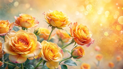 Vibrant yellow and orange roses bloom against soft pastel hues in a delicate, dreamy watercolor background, perfect for wedding decor.