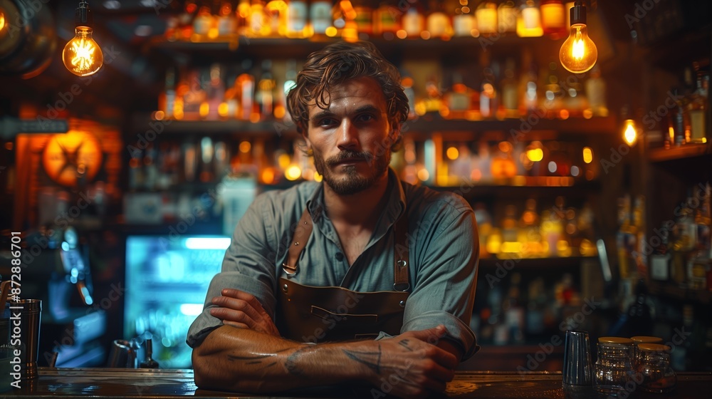 Male Bartender Standing Behind Counter in a Dimly Lit Bar Male Bartender Standing Behind Counter in a Dimly Lit Bar