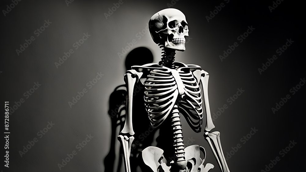 A close-up of a human skeleton, standing against a dark background. The skeleton is lit from the left, creating a dramatic contrast. A close-up of a human skeleton, standing against a dark background. The skeleton is lit from the left, creating a dramatic contrast.