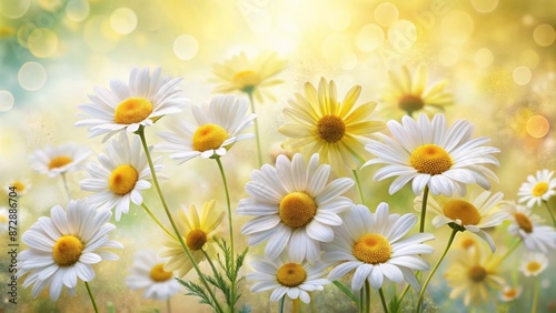 Delicate, soft-focus watercolor illustration featuring bright yellow and white daisy flowers on a gentle, calming background perfect for serenity.