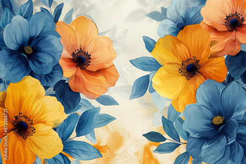 Close-up of abstract yellow and blue watercolor flowers, forming a lively background with clear space for copy,