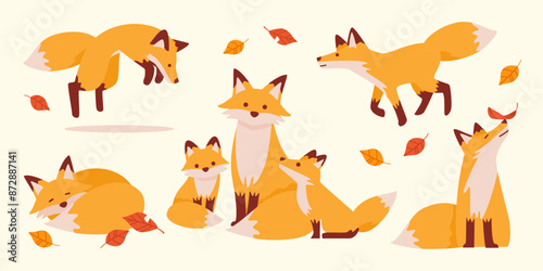Adorable Fox Family: Cute Parent and Child Foxes Illustration Set