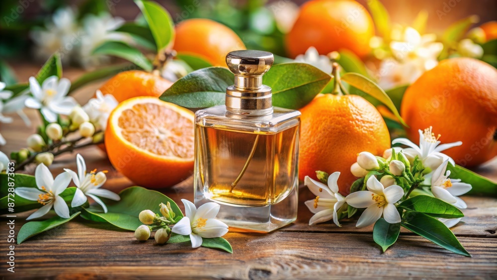 Delicate orange blossoms surround a perfume bottle, with fragrant mist emanating, evoking feelings of warmth and serenity in a whimsical setting. Delicate orange blossoms surround a perfume bottle, with fragrant mist emanating, evoking feelings of warmth and serenity in a whimsical setting.