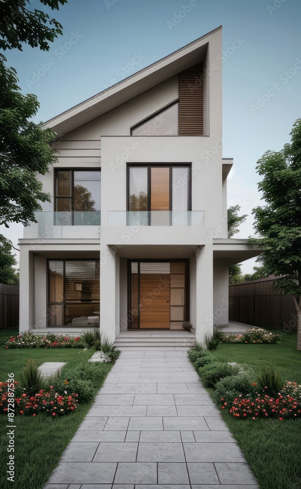 Fototapeta premium A Contemporary Dwelling with Stylish Architecture, Beautiful Exterior Design, and a Serene Garden Setting. Perfect Family Home in a Residential Neighborhood, Featuring Thoughtful Construction