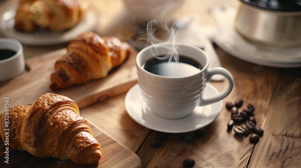 Steaming coffee filling a simple white mug, top view, breakfast table with croissants, Steaming coffee filling a simple white mug, top view, breakfast table with croissants,