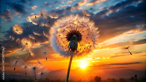 Pusteblume mit fliegenden Samen - Leuchten und wunderschönes Licht