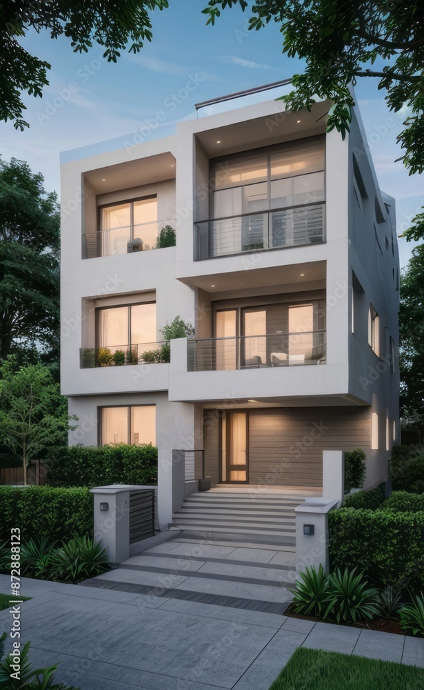 Naklejka premium A Contemporary Dwelling with Stylish Architecture, Beautiful Exterior Design, and a Serene Garden Setting. Perfect Family Home in a Residential Neighborhood, Featuring Thoughtful Construction