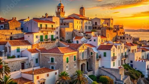 Warm golden light illuminates ancient white stone buildings with ornate balconies and terra cotta rooftops in a serene coastal setting. © Wanlop