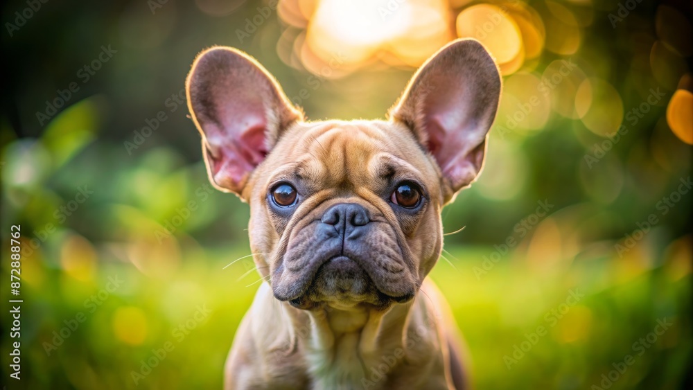 Adorable fawn French bulldog stands alone in front of blurred green garden background with curious and playful expression. Adorable fawn French bulldog stands alone in front of blurred green garden background with curious and playful expression.