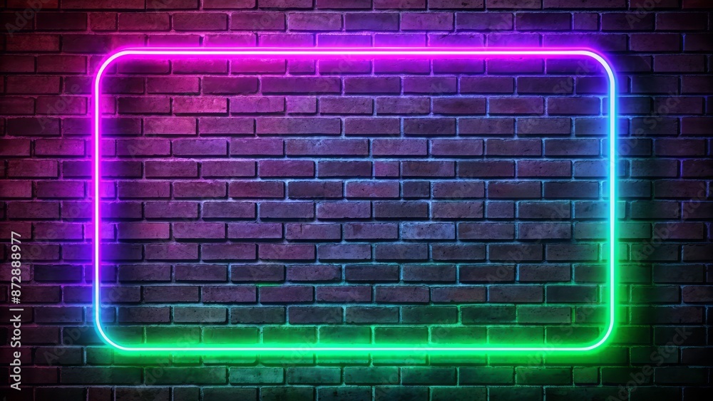 Obraz premium Vibrant isolated alpha channel neon frame seamless loop animation with rotating lights spreading colorful hues on brick wall background.