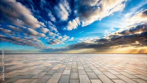 Vast empty brick floor stretching towards horizon with mesmerizing clouds drifting lazily across serene blue sky background. © Wanlop