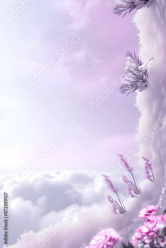 Snowy Cliff with Pink Flowers, serene and pastel, cloudy sky background with copy space