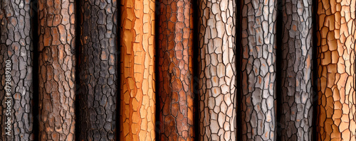 Close up view of diverse bark patterns in a thick forest 