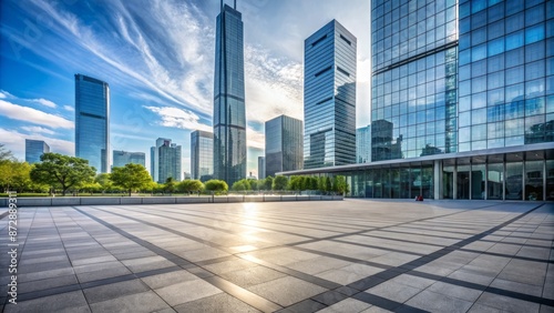Wallpaper Mural Modern glass skyscraper looms over vast, empty city square with sleek, gray floors and abstract, geometric landscaping features. Torontodigital.ca