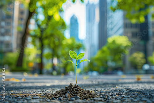 Fototapeta Naklejka Na Ścianę i Meble -  Close-up of a young small green plant starting to grow from the asphalt against the backdrop of tall city buildings. Concept of starting a new life.