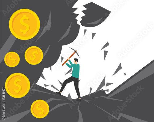 Businessman mining money coin with hoe and shovel. destination, victory to success concept


