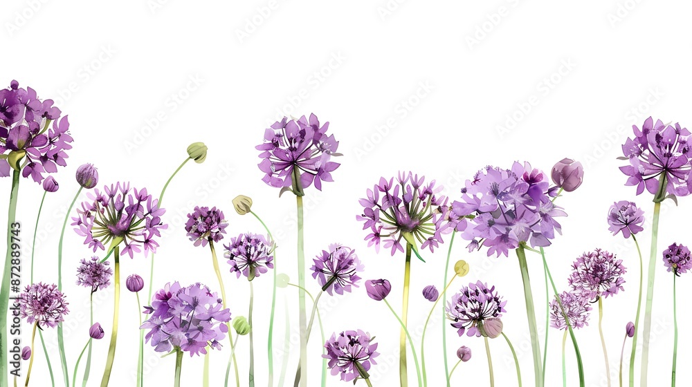 Naklejka premium Allium frame clipart, flower border, watercolor illustration, purple and green, isolated on white background,