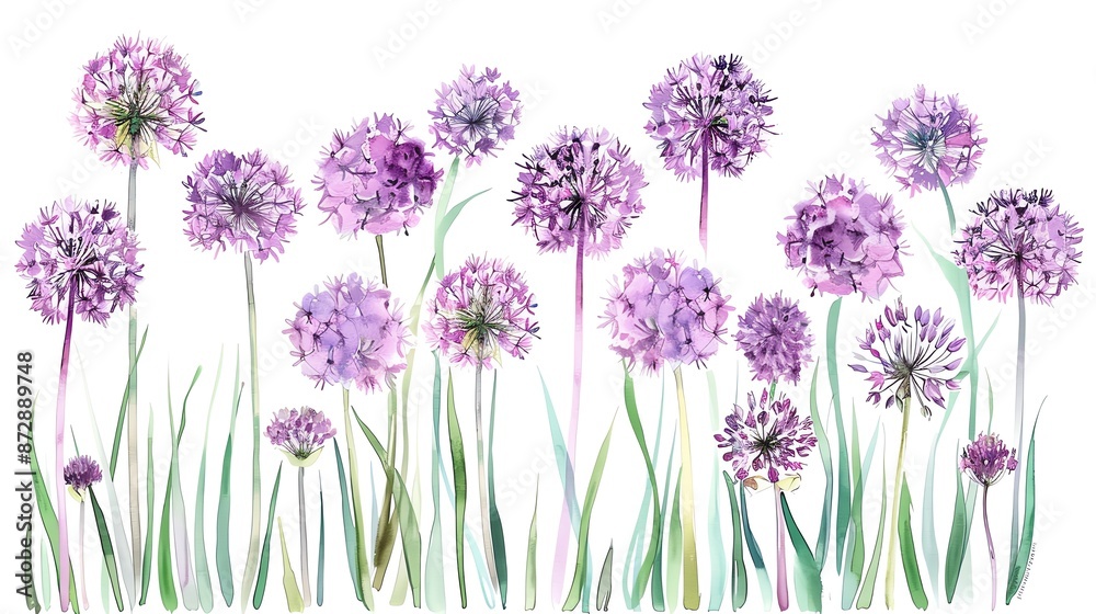 Naklejka premium Allium frame clipart, flower border, watercolor illustration, purple and green, isolated on white background,