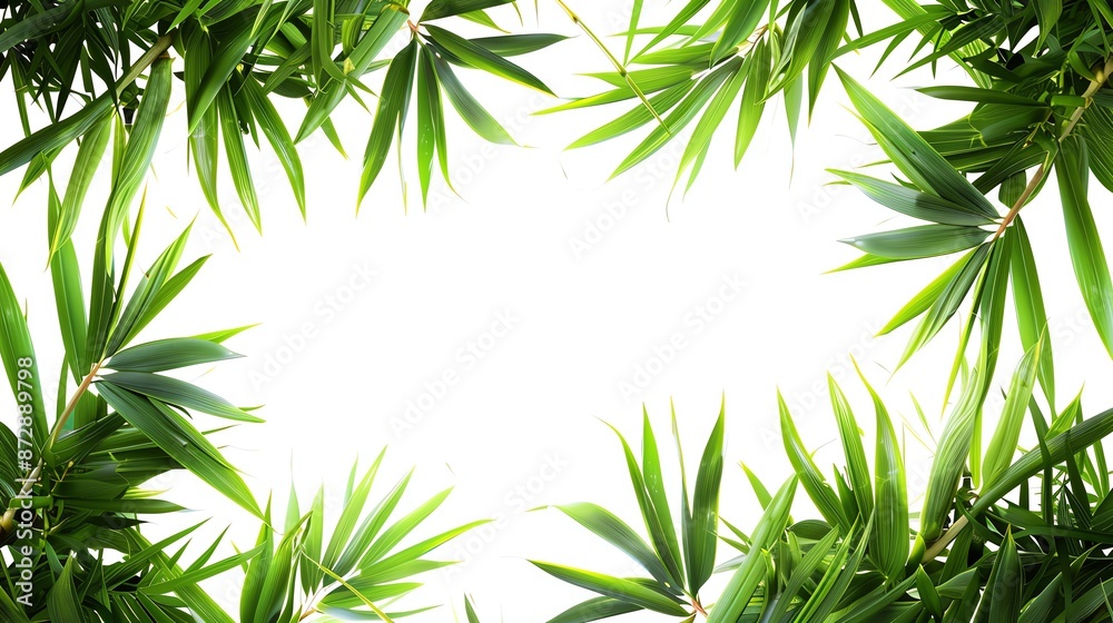 Fototapeta premium Bamboo leaf frame clipart, foliage border, 3D illustration, lush green, isolated on white background,