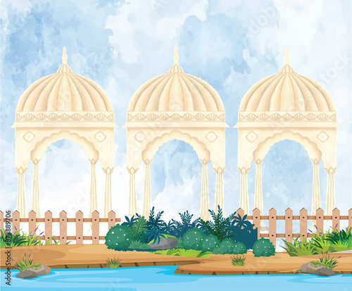 Mughal garden arch, plant, peacock illustration. Traditional Islamic vector pattern design for invitation