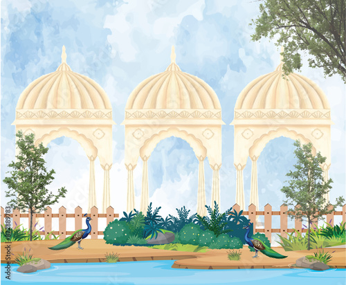 Mughal garden arch, plant, peacock illustration. Traditional Islamic vector pattern design for invitation