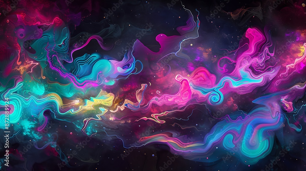 A surreal landscape of neon shapes and swirling smoke, bathed in a kaleidoscope of colors against a velvety black canvas. A surreal landscape of neon shapes and swirling smoke, bathed in a kaleidoscope of colors against a velvety black canvas.