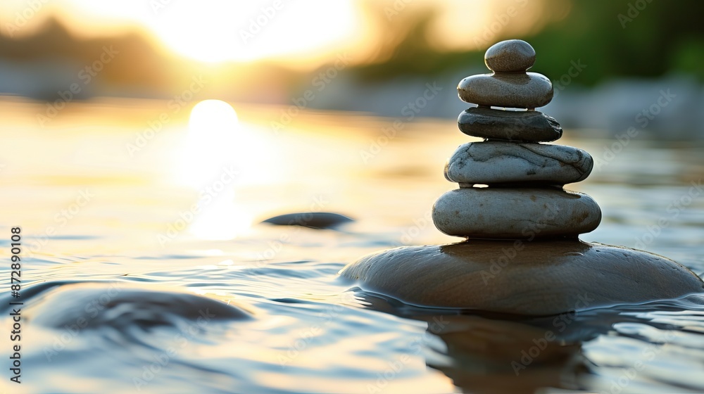 A stack of smooth stones balanced on top of each other in shallow water during sunset, creating a serene and peaceful atmosphere. A stack of smooth stones balanced on top of each other in shallow water during sunset, creating a serene and peaceful atmosphere.