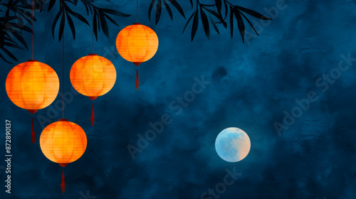 Ink watercolor illustration capturing the soft glow of lanterns and moonlight during Mid Autumn Festival banner design watercolour background 