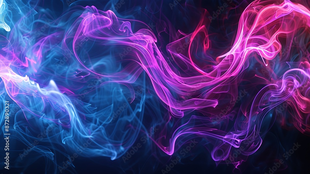 A surreal scene of abstract neon patterns swirling amidst wisps of smoke, creating an otherworldly atmosphere against a pitch-black backdrop.