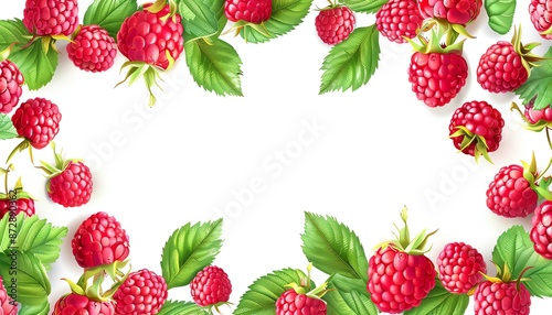 Raspberry frame clipart, fruit border, 3D illustration, red and green, isolated on white background,