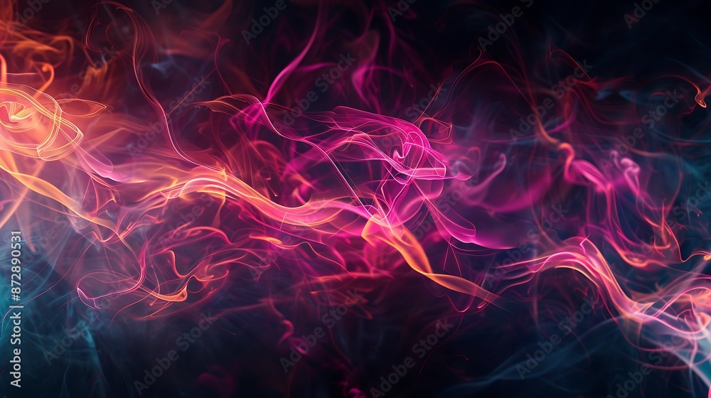 Obraz premium A surreal scene of abstract neon patterns swirling amidst wisps of smoke, creating an otherworldly atmosphere against a pitch-black backdrop.