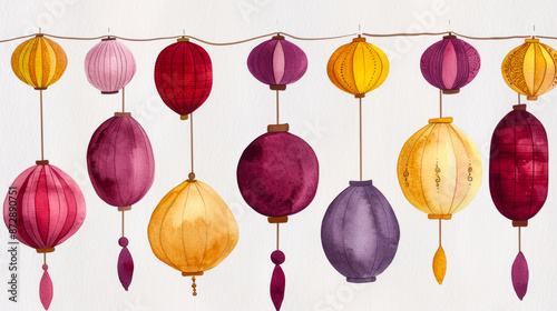 Ink watercolor illustration depicting rich plum and vibrant gold hues highlighting Diwali lanterns banner design watercolour background 